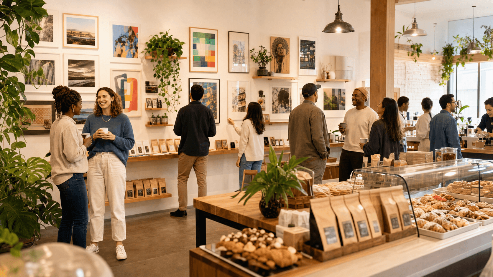 Cafe visitors discovering local art and goods in a warm social space