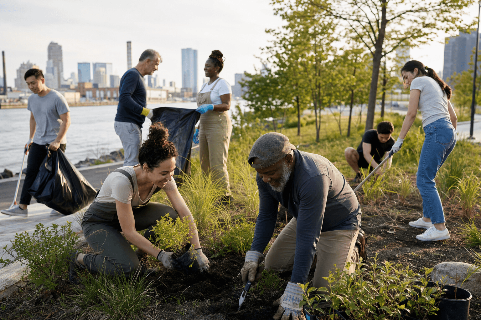 Neighbors restoring an urban riverside park together